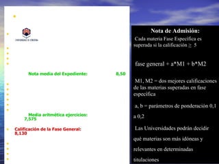 •                   Pruebas de Acceso a la
                       Universidad

•   Curso:2011/2012
                                                               Nota de Admisión:
    Convocatoria: Junio                                 Cada materia Fase Específica es
                                                       superada si la calificación > 5
•   D.N.I:            30.000.000
•   Apellidos:        MARTÍNEZ GÓMEZ
•   Nombre:           FRANCISCO JAVIER
•   Centro:           I.E.S. CÓRDOBA                   fase general + a*M1 + b*M2
           Nota media del Expediente:           8,50
                                                        M1, M2 = dos mejores calificaciones
•   CALIFICACIONES OBTENIDAS POR EL ALUMNO
•   Fase General                                       de las materias superadas en fase
•   Comentario de Texto Lengua Castellana: 7,52        específica
•   Historia de España:                         6,75
•   Lengua Extranjera (Inglés):            8,25        a, b = parámetros de ponderación 0,1
•   CC. de la Tierra y Medioambientales:   7,78
            Media aritmética ejercicios:               a 0,2
         7,575

•   Calificación de la Fase General:                   Las Universidades podrán decidir
    8,130
                                                       qué materias son más idóneas y
•   Fase Específica
•   Biología:                            8,28          relevantes en determinadas
•   Química:                             8,25                                       34
•   Matemáticas II:                      7,23          titulaciones
 