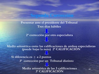 Segunda Corrección
          Presentar ante el presidente del Tribunal
                      Tres días hábiles

             2ª corrección por otro especialista


Media aritmética entre las calificaciones de ambos especialistas
          (puede bajar la nota) 2ª CALIFICACIÓN

   Si diferencia es > a 2 puntos
          3ª corrección por un Tribunal distinto

           Media aritmética de las 3 calificaciones        40
                    3ª CALIFICACIÓN
 