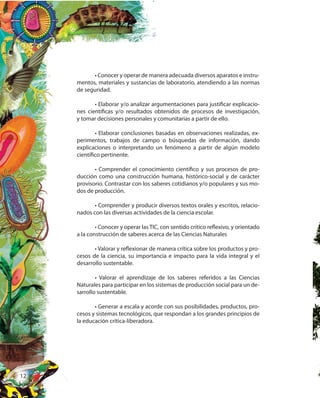 12
• Conocer y operar de manera adecuada diversos aparatos e instru-
mentos, materiales y sustancias de laboratorio, atendiendo a las normas
de seguridad.
• Elaborar y/o analizar argumentaciones para justificar explicacio-
nes científicas y/o resultados obtenidos de procesos de investigación,
y tomar decisiones personales y comunitarias a partir de ello.
• Elaborar conclusiones basadas en observaciones realizadas, ex-
perimentos, trabajos de campo o búsquedas de información, dando
explicaciones o interpretando un fenómeno a partir de algún modelo
científico pertinente.
• Comprender el conocimiento científico y sus procesos de pro-
ducción como una construcción humana, histórico-social y de carácter
provisorio. Contrastar con los saberes cotidianos y/o populares y sus mo-
dos de producción.
• Comprender y producir diversos textos orales y escritos, relacio-
nados con las diversas actividades de la ciencia escolar.
• Conocer y operar las TIC, con sentido crítico reflexivo, y orientado
a la construcción de saberes acerca de las Ciencias Naturales
• Valorar y reflexionar de manera crítica sobre los productos y pro-
cesos de la ciencia, su importancia e impacto para la vida integral y el
desarrollo sustentable.
• Valorar el aprendizaje de los saberes referidos a las Ciencias
Naturales para participar en los sistemas de producción social para un de-
sarrollo sustentable.
• Generar a escala y acorde con sus posibilidades, productos, pro-
cesos y sistemas tecnológicos, que respondan a los grandes principios de
la educación crítica-liberadora.
 