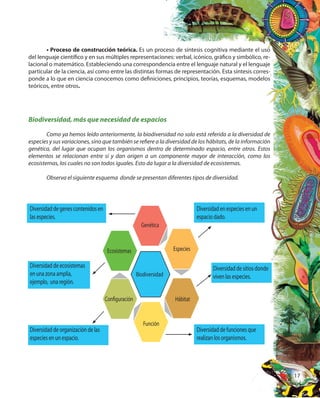17
• Proceso de construcción teórica. Es un proceso de síntesis cognitiva mediante el uso
del lenguaje científico y en sus múltiples representaciones: verbal, icónico, gráfico y simbólico, re-
lacional o matemático. Estableciendo una correspondencia entre el lenguaje natural y el lenguaje
particular de la ciencia, así como entre las distintas formas de representación. Esta síntesis corres-
ponde a lo que en ciencia conocemos como definiciones, principios, teorías, esquemas, modelos
teóricos, entre otros.
Biodiversidad, más que necesidad de espacios
Como ya hemos leído anteriormente, la biodiversidad no solo está referida a la diversidad de
especies y sus variaciones, sino que también se refiere a la diversidad de los hábitats, de la información
genética, del lugar que ocupan los organismos dentro de determinado espacio, entre otros. Estos
elementos se relacionan entre sí y dan origen a un componente mayor de interacción, como los
ecosistemas, los cuales no son todos iguales. Esto da lugar a la diversidad de ecosistemas.
Observa el siguiente esquema donde se presentan diferentes tipos de diversidad.
Biodiversidad
Genética
Ecosistemas
Configuración
Función
Hábitat
Especies
Diversidad de genes contenidos en
las especies.
Diversidad en especies en un
espacio dado.
Diversidad de ecosistemas
en una zona amplia,
ejemplo, una región.
Diversidad de sitios donde
viven las especies.
Diversidad de organización de las
especies en un espacio.
Diversidad de funciones que
realizan los organismos.
 