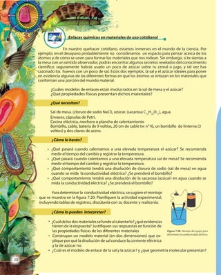 20
¡Enlaces químicos en materiales de uso cotidiano!
¿Qué pasará cuando calentamos a una elevada temperatura el azúcar? Se recomienda
medir el tiempo del cambio y registrar la temperatura.
¿Qué pasará cuando calentamos a una elevada temperatura sal de mesa? Se recomienda
medir el tiempo del cambio y registrar la temperatura.
¿Qué comportamiento tendrá una disolución de cloruro de sodio (sal de mesa) en agua
cuando se mida la conductividad eléctrica? ¿Se prenderá el bombillo?
¿Qué comportamiento tendrá una disolución de la sacarosa (azúcar) en agua cuando se
mida la conductividad eléctrica? ¿Se prenderá el bombillo?
Figura 7.20. Montaje del equipo para
determinar la conductividad eléctrica.
tienen de la respuesta? Justifiquen sus respuestas en función de
las propiedades físicas de los diferentes materiales
Construyan un modelo material (en dos dimensiones) que ex-
plique por qué la disolución de sal conduce la corriente eléctrica
y la de azúcar no.
¿Cuál es el modelo de enlace de la sal y la azúcar? y ¿qué geometría molecular presentan?
•
•
•
•
•
•
•
En nuestro quehacer cotidiano, estamos inmersos en el mundo de la ciencia. Por
ejemplo; en el desayuno probablemente no consideramos un espacio para pensar acerca de los
átomos y de cómo se unen para formar los materiales que nos rodean. Sin embargo, si te sientas a
la mesa con un sentido observador, podrás encontrar algunos secretos revelados del conocimiento
científico: seguramente habrás usado un poco de azúcar sobre tu cereal o jugo, y tal vez has
sazonado los huevos con un poco de sal. Estos dos ejemplos, la sal y el azúcar ideales para poner
en evidencia algunas de las diferentes formas en que los átomos se enlazan en los materiales que
conforman una porción del mundo material.
¿Cuáles modelos de enlaces están involucrados en la sal de mesa y el azúcar?
¿Qué propiedades físicas presentan dichos materiales?
¿Qué necesitan?
Sal de mesa. (cloruro de sodio NaCl), azúcar. (sacarosa C12
H22
O11
), agua.
Envases, cápsulas de Petri.
Cocina eléctrica, mechero o plancha de calentamiento
Bombillo, cable, batería de 9 voltios, 20 cm de cable tw n°16, un bombillo de linterna (3
voltios) y dos clavos de acero.
¿Cómo lo harán?
Para determinar la conductividad eléctrica, se sugiere el montaje
que se muestra en la figura 7.20. Planifiquen la actividad experimental,
incluyendo tablas de registros, discútanla con su docente y realícenla.
¿Cómo lo pueden interpretar?
¿Cuáldelosdosmaterialessefundealcalentarlo?¿quéevidencias
¡Enlaces¡Enlaces químicos en materiales de usoquímicos en materiales de usoquímicos en materiales de uso
¿Qué pasará cuando calentamos¿Qué pasará cuando calentamos a una elevada
medir el tiempo del cambio y registrar la temperatura.medir el tiempo del cambio y registrar la temperatura.
¿Qué pasará cuando calentamos acalentamos a una elevada
medir el tiempo del cambio y registrar la temperatura.medir el tiempo del cambio y registrar la temperatura.
¿Qué comportamiento tendrá una disolución de cloruro de sodio (salcomportamiento tendrá una disolución de cloruro de sodio (sal
cuando se mida la conductividad eléctrica? ¿Se prenderá ella conductividad eléctrica? ¿Se prenderá el
¿Qué comportamiento tendrá una disolucióncomportamiento tendrá una disolución
mida la conductividad eléctrica? ¿Se prenderá ella conductividad eléctrica? ¿Se prenderá el
tienen de la respuesta? Justifiquentienen de la respuesta? Justifiquen sus respuestas en función de
las propiedades físicas de los diferentes materialesfísicas de los diferentes materiales
Construyan un modelo material (en dos dimensiones) que ex-Construyan un modelo material (en dos dimensiones) que ex-
plique por qué la disolución de sal conduce la corriente eléctricaplique por qué la disolución de sal conduce la corriente eléctrica
y la de azúcar no.
¿Cuál es el modelo de enlace de la sal y la azúcar? y ¿qué geometría molecular presentan?Cuál es el modelo de enlace de la sal y la azúcar? y ¿qué geometría molecular presentan?
•
•
•
•
•
•
•
EnEnEn nuestro quehacer cotidiano, estamos inmersosnuestro quehacer cotidiano, estamos inmersos
ejemplo; en el desayuno probablemente no consideramos un espacio para pensar acerca de losprobablemente no consideramos un espacio para pensar acerca de los
átomos y de cómo se unen para formar los materiales que nos rodean. Sin embargo, si te sientas aformar los materiales que nos rodean. Sin embargo, si te sientas a
la mesa con un sentido observador, podrás encontrar algunos secretos revelados del conocimientola mesa con un sentido observador, podrás encontrar algunos secretos revelados del conocimiento
científico: seguramente habrás usado un poco de azúcar sobre tu cereal o jugo, y tal vez hascientífico: seguramente habrás usado un poco de azúcar sobre tu cereal o jugo, y tal vez has
sazonado los huevos con un poco de sal. Estos dos ejemplos, la sal y elpoco de sal. Estos dos ejemplos, la sal y el
en evidencia algunas de las diferentes formas en que los átomosevidencia algunas de las diferentes formas en que los átomos
conforman una porción del mundo material.conforman una porción del mundo material.
¿Cuáles modelos de enlaces estánestán involucrados en la sal de mesa y
¿Qué propiedades físicas presentan dichospropiedades físicas presentan dichos
¿Qué necesitan?
Sal de mesa. (cloruro de sodio NaClNaCl), azúcar
Envases, cápsulas de Petri.
Cocina eléctrica, mechero o plancha de calentamientoo plancha de calentamiento
Bombillo, cable, batería de 9 voltios, 20 cm de cable tw n°16, un bombillo de linternaBombillo, cable, batería de 9 voltios, 20 cm de cable tw n°16, un bombillo de linterna
voltios) y dos clavos de acero.
¿Cómo lo harán?
Para determinar la conductividad eléctrica, se sugiere el montajeara determinar la conductividad eléctrica, se sugiere el montaje
que se muestra en la figura 7.20. Planifiquen la actividad experimental,que se muestra en la figura 7.20. Planifiquen la actividad experimental,
incluyendo tablas de registros, discútanla con su docente y realícenla.incluyendo tablas de registros, discútanla con su docente y realícenla.
¿Cómo lo pueden interpretar?
¿• ¿• Cuáldelosdosmaterialessefundealcalentarlo?¿quéevidenciasmaterialessefundealcalentarlo?¿quéevidencias
2020
 