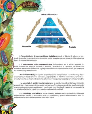 8
I. Potencialidades de construcción de ciudadanía: desde el diálogo de saberes se pre-
tende desarrollar el pensamiento crítico como medio para alcanzar una educación liberadora. Las
bases de este pensamiento son:
• El pensamiento crítico problematizador de la realidad, en el ámbito personal, fa-
miliar, comunitario, regional, nacional o mundial. Desarrollando la capacidad de abstracción
mediante la formación en filosofía, lógica y matemática con métodos innovadores que partan de
la cotidianidad y la experiencia.
• La decisión crítica para superar los conflictos que se le presentan a la ciudadana y el ciu-
dadanoensurealidad.Tomandocomobase,lasprioridadesenelámbitocomunitario,regional,na-
cional y mundial; lo éticamente correcto; lo humanamente justo y lo ecológicamente sustentable.
• La voluntad de acción transformadora de la realidad considerando la participación
protagónica y el convivir armónico para el bien común. A través de una práctica social efectiva de
relaciones de cooperación, solidaridad y convivencia entre familias, la escuela, la comunidad y la
sociedad que facilite las condiciones transformadoras de la realidad.
• La reflexión y valoración de las decisiones y acciones realizadas desde las diferentes
organizaciones sociales y comunitarias en el funcionamiento y gestión del sistema educativo, fa-
cilitando los distintos mecanismos de contraloría social.
 