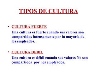TIPOS DE CULTURA CULTURA FUERTE   Una cultura es fuerte cuando sus valores son compartidos intensamente por la mayoría de los empleados. CULTURA DEBIL Una cultura es débil cuando sus valores No son compartidos  por  los empleados. 