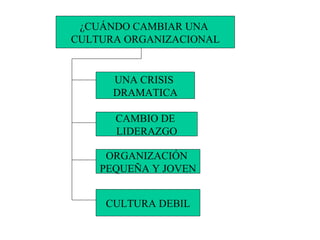¿CUÁNDO CAMBIAR UNA  CULTURA ORGANIZACIONAL UNA CRISIS  DRAMATICA CAMBIO DE  LIDERAZGO ORGANIZACIÓN  PEQUEÑA Y JOVEN CULTURA DEBIL 