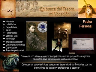 











Intereses
Habilidades
Expectativas
Metas
Personalidad
Estilo de vida
Motivación
Trayectoria escolar
Desarrollo académico
Capacidades
Área de oportunidad
Conocerse uno mismo y conocer las opciones entre las que puede escoger son
elementos clave para asegurar una buena elección.

Conocer tus características personales te permitirá confrontarlas con las
alternativas de estudio y profesiones a escoger

 