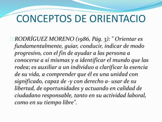 CONCEPTOS DE ORIENTACIO
RODRÍGUEZ MORENO (1986, Pág. 3): " Orientar es
fundamentalmente, guiar, conducir, indicar de modo
progresivo, con el fin de ayudar a las persona a
conocerse a sí mismas y a identificar el mundo que las
rodea; es auxiliar a un individuo a clarificar la esencia
de su vida, a comprender que él es una unidad con
significado, capaz de -y con derecho a- usar de su
libertad, de oportunidades y actuando en calidad de
ciudadano responsable, tanto en su actividad laboral,
como en su tiempo libre".
 