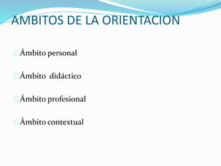 AMBITOS DE LA ORIENTACION
Ámbito personal
Ámbito didáctico
Ámbito profesional
Ámbito contextual
 
