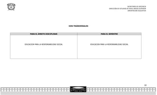 SECRETARÍA DE DOCENCIA
                                                                                   DIRECCIÓN DE ESTUDIOS DE NIVEL MEDIO SUPERIOR
                                                                                                          ORIENTACION EDUCATIVA




                                           EJES TRANSVERSALES



     PARA EL ÁMBITO DISCIPLINAR                                            PARA EL SEMESTRE




EDUCACION PARA LA RESPONSABILIDAD SOCIAL                        EDUCACION PARA LA RESPONSABILIDAD SOCIAL




                                                                                                                             10
 
