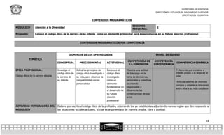 SECRETARÍA DE DOCENCIA
                                                                                                                                  DIRECCIÓN DE ESTUDIOS DE NIVEL MEDIO SUPERIOR
                                                                                                                                                         ORIENTACION EDUCATIVA

                                                                     CONTENIDOS PROGRAMÁTICOS

                                                                                                            SESIONES
MÓDULO IV         Atención a la Diversidad                                                                                         2
                                                                                                            PREVISTAS:

Propósito:        Conoce el código ético de la carrera de su interés como un elemento primordial para desenvolverse en su futura elección profesional


                                                          CONTENIDOS PROGRAMÁTICOS POR COMPETENCIA



                                               DOMINIOS DE LOS APRENDIZAJES                                                       PERFIL DE EGRESO
             TEMÁTICA
                                                                                                        COMPETENCIA DE           COMPETENCIA
                                     CONCEPTUAL           PROCEDIMENTAL             ACTITUDINAL                                                    COMPETENCIA GENÉRICA
                                                                                                         LA DIMENSIÓN            DISCIPLINARIA

ETICA PROFESIONAL:                   Investiga el      Aplica los principios del    Reconoce el        Muestra una actitud                         7. Aprende por iniciativa e
                                     código ético de   código ético investigado a   código ético       de liderazgo en la                          interés propio a lo largo de la
Código ético de la carrera elegida   la carrera de     su vida, para observar la    investigado        toma de decisiones,                         vida
                                     su interés        compatibilidad con su        como un            personales y colectivas
                                                                                                                                                   -Articula saberes de diversos
                                                       personalidad                 elemento           asumiendo
                                                                                                                                                   campos y establece relaciones
                                                                                    fundamental en     responsable y
                                                                                                                                                   entre ellos y su vida cotidiana
                                                                                    el desarrollo de   éticamente las
                                                                                    su futura          consecuencias de sus
                                                                                    elección           actos
                                                                                    profesional

ACTIVIDAD INTEGRADORA DEL            Elabora por escrito el código ético de la profesión, retomando los ya establecidas adjuntando nuevas reglas que den respuesta a
MODULO IV                            las situaciones sociales actuales, lo cual es argumentado de manera amplia, clara y puntual.



                                                                                                                                                                                24
 