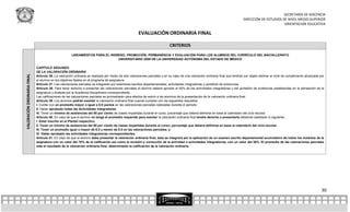 SECRETARÍA DE DOCENCIA
                                                                                                                                                                                 DIRECCIÓN DE ESTUDIOS DE NIVEL MEDIO SUPERIOR
                                                                                                                                                                                                        ORIENTACION EDUCATIVA

                                                                                                      EVALUACIÓN ORDINARIA FINAL

                                                                                                                            CRITERIOS
                                                      LINEAMIENTOS PARA EL INGRESO, PROMOCIÓN, PERMANENCIA Y EVALUACIÓN PARA LOS ALUMNOS DEL CURRÍCULO DEL BACHILLERATO
                                                                               UNIVERSITARIO 2009 DE LA UNIVERSIDAD AUTÓNOMA DEL ESTADO DE MÉXICO

                             CAPÍTULO SEGUNDO
                             DE LA VALORACIÓN ORDINARIA
VALORACIÓN ORDINARIA FINAL




                             Artículo 36. La valoración ordinaria se realizará por medio de dos valoraciones parciales o en su caso de una valoración ordinaria final que tendrán por objeto estimar el nivel de cumplimiento alcanzado por
                             el alumno en los objetivos fijados en el programa de asignatura.
                             Artículo 37. Las valoraciones parciales se integrarán por exámenes escritos departamentales, actividades integradoras y portafolio de evidencias.
                             Artículo 38. Para tener derecho a presentar las valoraciones parciales el alumno deberá aprobar el 50% de las actividades integradoras y del portafolio de evidencias establecidas en la planeación de la
                             asignatura y avalada por la Academia Disciplinaria correspondiente.
                             Las calificaciones de las valoraciones parciales se promediarán para efectos de eximir a los alumnos de la presentación de la valoración ordinaria final.
                             Artículo 39. Los alumnos podrán exentar la valoración ordinaria final cuando cumplan con los siguientes requisitos:
                             I. Contar con un promedio mayor o igual a 8.0 puntos en las valoraciones parciales realizadas durante el periodo.
                             II. Haber aprobado todas las Actividades Integradoras.
                             III. Tener un mínimo de asistencias del 80 por ciento de clases impartidas durante el curso; porcentaje que deberá definirse en base al calendario del ciclo escolar.
                             Artículo 40. En caso de que el alumno no tenga el promedio requerido para exentar la valoración ordinaria final tendrá derecho a presentarla debiendo satisfacer lo siguiente:
                             I. Estar Inscrito en el Plantel respectivo.
                             II. Tener un mínimo de asistencias del 80 por ciento de clases impartidas durante el curso; porcentaje que deberá definirse en base al calendario del ciclo escolar.
                             III. Tener un promedio igual o mayor de 6.0 y menor de 8.0 en las valoraciones parciales; y
                             IV. Haber aprobado las actividades integradoras correspondientes.
                             Artículo 41. En caso de que el alumno deba presentar la valoración ordinaria final, ésta se integrará por la aplicación de un examen escrito departamental acumulativo de todos los módulos de la
                             asignatura con un valor del 70% de la calificación así como la revisión y corrección de la actividad o actividades integradoras, con un valor del 30%. El promedio de las valoraciones parciales
                             más el resultado de la valoración ordinaria final, determinarán la calificación de la valoración ordinaria.




                                                                                                                                                                                                                                         30
 