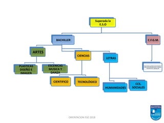 ORIENTACION ESO 2018
Superada la
E.S.O
BACHILLER
LETRAS
CCS.
SOCIALESHUMANIDADES
CIENCIAS
CIENTIFICO TECNOLÓGICO
ARTES
PLASTICAS
DISEÑO E
IMAGEN
ESCENICAS
MUSICA Y
DANZA
C.F.G.M.
http://www.euskadi.eus/contenidos/
informacion/lheskaintza/es_def/adju
ntos/PorCiclos_fpgmgs.pdf
 