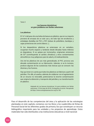 102
Texto 3
Las basuras domésticas:
un gran problema con fáciles soluciones
Los plásticos
El 14 % del peso de una bolsa de basura es plástico, que en su mayoría
proviene de envases de un solo uso y de todo tipo de envoltorios y
embalajes (botellas de PVC o PET, bolsas de polietileno, bandejas y
cajas protectoras de corcho blanco…).
Si los desperdicios plásticos se enterrasen en un vertedero,
ocuparían mucho espacio y tardarían desde décadas hasta milenios
en degradarse. Si se optase por incinerarlos, originarían emisiones
de CO2
(contribuyendo al cambio climático) y otros contaminantes
atmosféricos muy peligrosos para la salud y el medioambiente.
Uno de los plásticos de uso más generalizado, el PVC, provoca una
elevada contaminación en su fabricación. Además, si se lo incinera,
produce algunas de las sustancias más tóxicas que se conocen: las
dioxinas y los furanos.
Hay que tener en cuenta que todos los plásticos se fabrican a partir del
petróleo. Por ello, al usarlos, además de colaborar con el agotamiento
de un recurso no renovable, potenciamos la enorme contaminación
que origina la obtención y transporte del petróleo y su transformación
en plástico.
Adaptado de Las basuras domésticas: Un gran problema con fáciles
soluciones. (13 de mayo de 2014). Ecologistas en acción. Recuperado
de https://www.ecologistasenaccion.org/?p=189
Para el desarrollo de las competencias del área y la aplicación de las estrategias
planteadas en este capítulo, contamos con los libros y los cuadernillos de fichas de
Personal Social de los diferentes grados de primaria, los que constituyen un recurso
bibliográfico importante para las unidades y los proyectos de aprendizaje. Estos
materiales han sido distribuidos a las instituciones educativas a nivel nacional.
 