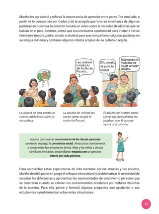 17
La abuela de Ana contó un
cuento asháninka sobre la
naturaleza.
La abuela de Arlinda les
contó cómo surgió el
torito de Pucará.
El abuelo de Andrés contó
cómo sus compañeros no
jugaban con él porque
vestía una cuhsma.
Martha les agradeció y reforzó la importancia de aprender entre pares. Por otro lado, a
partir de lo compartido por Carlos y de la acogida que tuvo su enseñanza de algunas
palabras en quechua, la docente mostró un video sobre la variedad de idiomas que se
hablan en el país. Además, pensó que era una buena oportunidad para invitar a varios
familiares (madre, padre, abuelo o abuela) para que compartieran algunas palabras en
su lengua materna y contaran algunos relatos propios de su cultura o región.
Aquí se promovió el conocimiento de las demás personas
poniendo en juego la conciencia social. Al escuchar atentamente
y comprender las emociones de las niñas y los niños y de sus
familiares invitados, desarrollaron empatía con un genuino
interés por cada persona.
Para aprovechar estas experiencias de vida narradas por las abuelas y los abuelos,
Martha decidió poner en juego el enfoque intercultural y problematizar la necesidad de
respetar las diferencias y aprovechar las oportunidades de crecimiento personal que
se concretan cuando se valoran los conocimientos brindados por culturas distintas
de la nuestra. Para ello, pensó y formuló algunas preguntas que ayudarían a sus
estudiantes a problematizar sobre estas situaciones.
Les contaré
la historia
del torito de
Pucará...
¡Oh, abuelo,
te pusiste
triste!
Felizmente mi
maestra me
ayudó a hacer
amigos.
 