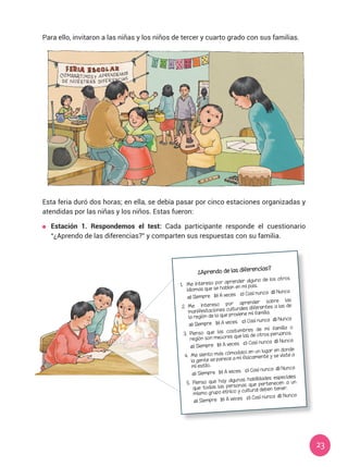 23
Esta feria duró dos horas; en ella, se debía pasar por cinco estaciones organizadas y
atendidas por las niñas y los niños. Estas fueron:
	 Estación 1. Respondemos el test: Cada participante responde el cuestionario
“¿Aprendo de las diferencias?” y comparten sus respuestas con su familia.
Para ello, invitaron a las niñas y los niños de tercer y cuarto grado con sus familias.
¿Aprendo de las diferencias?
1.	 Me intereso por aprender alguno de los otros
idiomas que se hablan en mi país.
	 a) Siempre 	 b) A veces 	 c) Casi nunca	 d) Nunca
2.	Me intereso por aprender sobre las
manifestaciones culturales diferentes a las de
la región de la que proviene mi familia.
	 a) Siempre 	 b) A veces 	 c) Casi nunca 	d) Nunca
3.	Pienso que las costumbres de mi familia o
región son mejores que las de otros peruanos.
	 a) Siempre 	 b) A veces 	 c) Casi nunca 	d) Nunca
4. 	Me siento más cómoda(o) en un lugar en donde
la gente se parece a mí físicamente y se viste a
mi estilo.
	 a) Siempre 	 b) A veces 	 c) Casi nunca 	d) Nunca
5. 	Pienso que hay algunas habilidades especiales
que todas las personas que pertenecen a un
mismo grupo étnico y cultural deben tener.
	 a) Siempre 	 b) A veces 	 c) Casi nunca 	d) Nunca
 