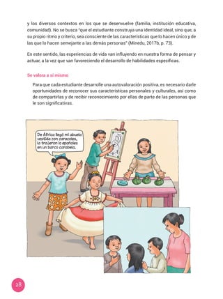 28
y los diversos contextos en los que se desenvuelve (familia, institución educativa,
comunidad). No se busca “que el estudiante construya una identidad ideal, sino que, a
su propio ritmo y criterio, sea consciente de las características que lo hacen único y de
las que lo hacen semejante a las demás personas” (Minedu, 2017b, p. 73).
En este sentido, las experiencias de vida van influyendo en nuestra forma de pensar y
actuar, a la vez que van favoreciendo el desarrollo de habilidades específicas.
Se valora a sí mismo
Para que cada estudiante desarrolle una autovaloración positiva, es necesario darle
oportunidades de reconocer sus características personales y culturales, así como
de compartirlas y de recibir reconocimiento por ellas de parte de las personas que
le son significativas.
Allillanchu...
Allillanchu...
Allillanchu...
De África llegó mi abuela
vestida con caracoles,
la trajeron lo epañoles
en un barco carabela.
 