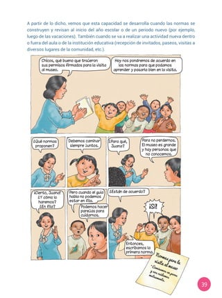 39
A partir de lo dicho, vemos que esta capacidad se desarrolla cuando las normas se
construyen y revisan al inicio del año escolar o de un periodo nuevo (por ejemplo,
luego de las vacaciones). También cuando se va a realizar una actividad nueva dentro
o fuera del aula o de la institución educativa (recepción de invitados, paseos, visitas a
diversos lugares de la comunidad, etc.).
¿Qué normas
proponen?
¡Cierto, Juana!
¿Y cómo lo
haremos?
¿En fila?
Pero cuando el guía
habla no podemos
estar en fila.
Podemos hacer
parejas para
cuidarnos.
Entonces,
escribamos la
primera norma.
¿Están de acuerdo?
¡Sí!
Debemos caminar
siempre juntos.
Chicos, qué bueno que trajeron
sus permisos firmados para la visita
al museo.
Hoy nos pondremos de acuerdo en
las normas para que podamos
aprender y pasarla bien en la visita.
¿Para qué,
Juana?
Para no perdernos.
El museo es grande
y hay personas que
no conocemos.
 