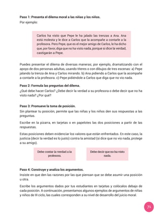 71
Paso 1: Presenta el dilema moral a las niñas y los niños.
Por ejemplo:
Carlos ha visto que Pepe le ha jalado las trenzas a Ana. Ana
está molesta y le dice a Carlos que la acompañe a contarle a la
profesora. Pero Pepe, que es el mejor amigo de Carlos, le ha dicho
que, por favor, diga que no ha visto nada, porque si dice la verdad,
castigarán a Pepe.
Debe contar la verdad a la
profesora.
Debe decir que no ha visto
nada.
Puedes presentar el dilema de diversas maneras; por ejemplo, dramatizando con el
apoyo de dos personas adultas, usando títeres o con dibujos de tres escenas: a) Pepe
jalando la trenza de Ana y Carlos mirando. b) Ana pidiendo a Carlos que la acompañe
a contarle a la profesora. c) Pepe pidiéndole a Carlos que diga que no vio nada.
Paso 2: Formula las preguntas del dilema.
¿Qué debe hacer Carlos? ¿Debe decir la verdad a su profesora o debe decir que no ha
visto nada? ¿Por qué?
Paso 3: Promueve la toma de posición.
Sin plantear tu posición, permite que las niñas y los niños den sus respuestas a las
preguntas.
Escribe en la pizarra, en tarjetas o en papelotes las dos posiciones a partir de las
respuestas.
Estas posiciones deben evidenciar los valores que están enfrentados. En este caso, la
justicia (decir la verdad es lo justo) contra la amistad (si dice que no vio nada, protege
a su amigo).
Paso 4: Construye y analiza los argumentos.
Insiste en que den las razones por las que piensan que se debe asumir una posición
u otra.
Escribe los argumentos dados por tus estudiantes en tarjetas y colócalos debajo de
cada posición. A continuación, presentamos algunos ejemplos de argumentos de niñas
y niños de III ciclo, las cuales corresponden a su nivel de desarrollo del juicio moral.
 