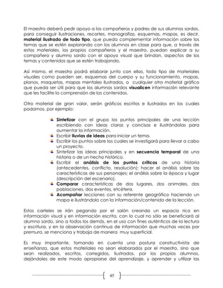 El maestro deberá pedir apoyo a los compañeros y padres de sus alumnos sordos,
para conseguir ilustraciones, recortes, monografías, esquemas, mapas, es decir,
material ilustrado de todo tipo, que pueda complementar información sobre los
temas que se estén explorando con los alumnos en clase para que, a través de
estos materiales, los propios compañeros y el maestro, puedan explicar a su
compañero y alumno sordo con el apoyo visual que brindan, aspectos de los
temas y contenidos que se estén trabajando.

Así mismo, el maestro podrá elaborar junto con ellos, todo tipo de materiales
visuales como pueden ser, esquemas del cuerpo y su funcionamiento, mapas,
planos, maquetas, mapas mentales ilustrados, o cualquier otro material gráfico
que pueda ser útil para que los alumnos sordos visualicen información relevante
que les facilite la comprensión de los contenidos.

Otro material de gran valor, serán gráficos escritos e ilustrados en los cuales
podamos, por ejemplo:

               Sintetizar con el grupo los puntos principales de una lección
               escribiendo con ideas claras y concisas e ilustrándolas para
               aumentar la información.
               Escribir lluvias de ideas para iniciar un tema.
               Escribir los puntos sobre los cuales se investigará para llevar a cabo
               un proyecto.
               Sintetizar las ideas principales y en secuencia temporal de una
               historia o de un hecho histórico.
               Escribir el análisis de los puntos críticos de una historia
               (antecedentes, conflicto, resolución); hacer el análisis sobre las
               características de sus personajes; el análisis sobre la época y lugar
               (descripción del escenario).
               Comparar características de dos lugares, dos animales, dos
               poblaciones, dos eventos, etcétera.
               Acompañar lecciones con su referente geográfico haciendo un
               mapa e ilustrándolo con la información/contenido de la lección.

Estos carteles se irán pegando por el salón creando un espacio rico en
información visual y en información escrita, con lo cual no sólo se beneficiará al
alumno sordo, sino a todos los demás, en el uso con fines auténticos de la lectura
y escritura, y en la observación continua de información que muchas veces por
premura, se menciona y trabaja de manera muy superficial.

Es muy importante, tomando en cuenta una postura constructivista de
enseñanza, que estos materiales no sean elaborados por el maestro, sino que
sean realizados, escritos, corregidos, ilustrados, por los propios alumnos,
dejándoles de este modo apropiarse del aprendizaje, y aprender y utilizar las


                                         45
 