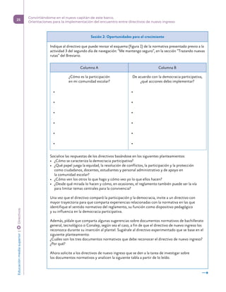 Sesión 2: Oportunidades para el crecimiento
Indique al directivo que puede revisar el esquema (figura 1) de la normativa presentado previo a la
actividad 3 del segundo día de navegación: “Me mantengo seguro”, en la sección “Trazando nuevas
rutas” del Breviario.
Columna A Columna B
¿Cómo es la participación
en mi comunidad escolar?
• 
• 
• 
•
•
•
De acuerdo con la democracia participativa,
¿qué acciones debo implementar?
• 
• 
• 
•
•
•
Socialice las respuestas de los directivos basándose en los siguientes planteamientos:
• ¿Cómo se caracteriza la democracia participativa?
• ¿Qué papel juega la equidad, la resolución de conflictos, la participación y la protección
como ciudadanos, docentes, estudiantes y personal administrativo y de apoyo en
la comunidad escolar?
• ¿Cómo ven los otros lo que hago y cómo veo yo lo que ellos hacen?
• ¿Desde qué mirada lo hacen y cómo, en ocasiones, el reglamento también puede ser la vía
para limitar temas centrales para la convivencia?
Una vez que el directivo comparó la participación y la democracia, invite a un directivo con
mayor trayectoria para que comparta experiencias relacionadas con la normativa en las que
identifique el sentido normativo del reglamento, su función como dispositivo pedagógico
y su influencia en la democracia participativa.
Además, pídale que comparta algunas sugerencias sobre documentos normativos de bachillerato
general, tecnológico o Conalep, según sea el caso, a fin de que el directivo de nuevo ingreso los
reconozca durante su inserción al plantel. Sugiérale al directivo experimentado que se base en el
siguiente planteamiento:
¿Cuáles son los tres documentos normativos que debe reconocer el directivo de nuevo ingreso?
¿Por qué?
Ahora solicite a los directivos de nuevo ingreso que se den a la tarea de investigar sobre
los documentos normativos y analicen la siguiente tabla a partir de lo leído.
Educación
media
superior 
| 
 
Directivos
25
Convirtiéndome en el nuevo capitán de este barco.
Orientaciones para la implementación del encuentro entre directivos de nuevo ingreso
 