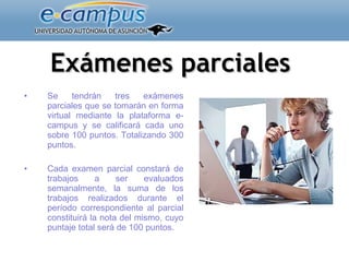 Exámenes parciales Se tendrán tres exámenes parciales que se tomarán en forma virtual mediante la plataforma e-campus y se calificará cada uno sobre 100 puntos. Totalizando 300 puntos. Cada examen parcial constará de trabajos a ser evaluados semanalmente, la suma de los trabajos realizados durante el período correspondiente al parcial constituirá la nota del mismo, cuyo puntaje total será de 100 puntos. 