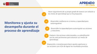 Monitorea y ajusta su
desempeño durante el
proceso de aprendizaje
Hacer seguimiento de su propio grado de avance con relación a
las metas de aprendizaje que se ha propuesto.
Desarrollar confianza en sí mismo y capacidad para
autorregularse.
Evaluar si las acciones seleccionadas y su planificación
son las más pertinentes para alcanzar sus metas de
aprendizaje.
Desarrollar la capacidad para autorregular sus acciones
y reacciones.
Disposición e iniciativa para hacer ajustes oportunos a
sus acciones con el fin de lograr los resultados previstos.
 