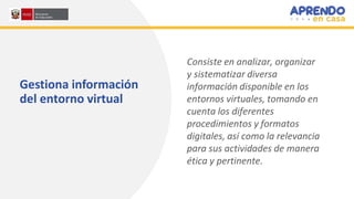 Gestiona información
del entorno virtual
Consiste en analizar, organizar
y sistematizar diversa
información disponible en los
entornos virtuales, tomando en
cuenta los diferentes
procedimientos y formatos
digitales, así como la relevancia
para sus actividades de manera
ética y pertinente.
 