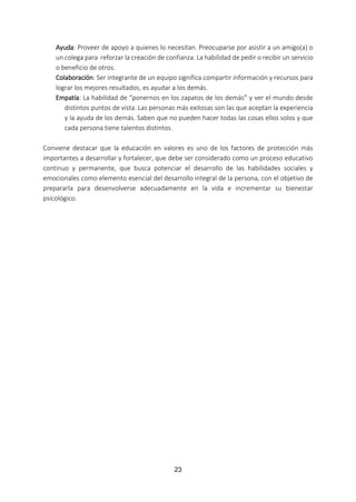 23
Ayuda: Proveer de apoyo a quienes lo necesitan. Preocuparse por asistir a un amigo(a) o
un colega para reforzar la creación de confianza. La habilidad de pedir o recibir un servicio
o beneficio de otros.
Colaboración: Ser integrante de un equipo significa compartir información y recursos para
lograr los mejores resultados, es ayudar a los demás.
Empatía: La habilidad de “ponernos en los zapatos de los demás” y ver el mundo desde
distintos puntos de vista. Las personas más exitosas son las que aceptan la experiencia
y la ayuda de los demás. Saben que no pueden hacer todas las cosas ellos solos y que
cada persona tiene talentos distintos.
Conviene destacar que la educación en valores es uno de los factores de protección más
importantes a desarrollar y fortalecer, que debe ser considerado como un proceso educativo
continuo y permanente, que busca potenciar el desarrollo de las habilidades sociales y
emocionales como elemento esencial del desarrollo integral de la persona, con el objetivo de
prepararla para desenvolverse adecuadamente en la vida e incrementar su bienestar
psicológico.
 