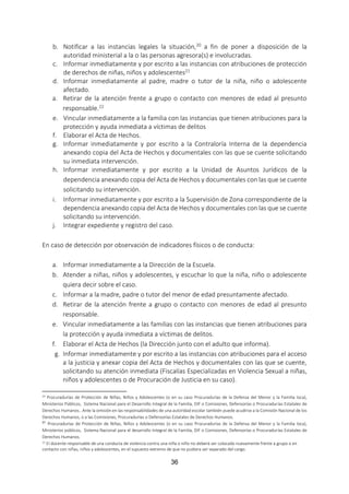 36
b. Notificar a las instancias legales la situación,20 a fin de poner a disposición de la
autoridad ministerial a la o las personas agresora(s) e involucradas.
c. Informar inmediatamente y por escrito a las instancias con atribuciones de protección
de derechos de niñas, niños y adolescentes21
d. Informar inmediatamente al padre, madre o tutor de la niña, niño o adolescente
afectado.
a. Retirar de la atención frente a grupo o contacto con menores de edad al presunto
responsable.22
e. Vincular inmediatamente a la familia con las instancias que tienen atribuciones para la
protección y ayuda inmediata a víctimas de delitos
f. Elaborar el Acta de Hechos.
g. Informar inmediatamente y por escrito a la Contraloría Interna de la dependencia
anexando copia del Acta de Hechos y documentales con las que se cuente solicitando
su inmediata intervención.
h. Informar inmediatamente y por escrito a la Unidad de Asuntos Jurídicos de la
dependencia anexando copia del Acta de Hechos y documentales con las que se cuente
solicitando su intervención.
i. Informar inmediatamente y por escrito a la Supervisión de Zona correspondiente de la
dependencia anexando copia del Acta de Hechos y documentales con las que se cuente
solicitando su intervención.
j. Integrar expediente y registro del caso.
En caso de detección por observación de indicadores físicos o de conducta:
a. Informar inmediatamente a la Dirección de la Escuela.
b. Atender a niñas, niños y adolescentes, y escuchar lo que la niña, niño o adolescente
quiera decir sobre el caso.
c. Informar a la madre, padre o tutor del menor de edad presuntamente afectado.
d. Retirar de la atención frente a grupo o contacto con menores de edad al presunto
responsable.
e. Vincular inmediatamente a las familias con las instancias que tienen atribuciones para
la protección y ayuda inmediata a víctimas de delitos.
f. Elaborar el Acta de Hechos (la Dirección junto con el adulto que informa).
g. Informar inmediatamente y por escrito a las instancias con atribuciones para el acceso
a la justicia y anexar copia del Acta de Hechos y documentales con las que se cuente,
solicitando su atención inmediata (Fiscalías Especializadas en Violencia Sexual a niñas,
niños y adolescentes o de Procuración de Justicia en su caso).
20 Procuradurías de Protección de Niñas, Niños y Adolescentes (o en su caso Procuradurías de la Defensa del Menor y la Familia loca),
Ministerios Públicos, Sistema Nacional para el Desarrollo Integral de la Familia, DIF o Comisiones, Defensorías o Procuradurías Estatales de
Derechos Humanos.. Ante la omisión en las responsabilidades de una autoridad escolar también puede acudirse a la Comisión Nacional de los
Derechos Humanos, o a las Comisiones, Procuradurías o Defensorías Estatales de Derechos Humanos.
21
Procuradurías de Protección de Niñas, Niños y Adolescentes (o en su caso Procuradurías de la Defensa del Menor y la Familia loca),
Ministerios públicos, Sistema Nacional para el desarrollo Integral de la Familia, DIF o Comisiones, Defensorías o Procuradurías Estatales de
Derechos Humanos.
22 El docente responsable de una conducta de violencia contra una niña o niño no deberá ser colocado nuevamente frente a grupo o en
contacto con niñas, niños y adolescentes, en el supuesto extremo de que no pudiera ser separado del cargo.
 