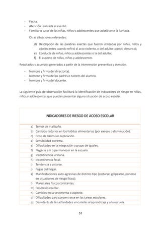 51
- Fecha.
- Atención realizada al evento.
- Familiar o tutor de las niñas, niños y adolescentes que asistió ante la llamada.
Otras situaciones relevantes:
d) Descripción de las palabras exactas que fueron utilizadas por niñas, niños y
adolescentes cuando refirió al acto violento, o del adulto cuando denunció;
e) Conducta de niñas, niños y adolescentes o la del adulto;
f) El aspecto de niñas, niños y adolescentes
Resultados y acuerdos generados a partir de la intervención preventiva y atención.
- Nombre y firma del director(a).
- Nombre y firma de los padres o tutores del alumno.
- Nombre y firma del docente.
La siguiente guía de observación facilitará la identificación de indicadores de riesgo en niñas,
niños y adolescentes que puedan presentar alguna situación de acoso escolar.
INDICADORES DE RIESGO DE ACOSO ESCOLAR
a) Temor de ir al baño.
b) Cambios notorios en los hábitos alimentarios (por exceso o disminución).
c) Crisis de llanto sin explicación.
d) Sensibilidad extrema.
e) Dificultades en la integración a grupo de iguales.
f) Negarse a ir o permanecer en la escuela.
g) Incontinencia urinaria.
h) Incontinencia fecal.
i) Tendencia a aislarse.
j) Fugas del hogar.
k) Manifestaciones auto-agresivas de distinto tipo (cortarse, golpearse, ponerse
en situaciones de riesgo físico).
l) Malestares físicos constantes.
m) Deserción escolar.
n) Cambios en la vestimenta o aspecto.
o) Dificultades para concentrarse en las tareas escolares.
p) Desinterés de las actividades vinculadas al aprendizaje y a la escuela.
 