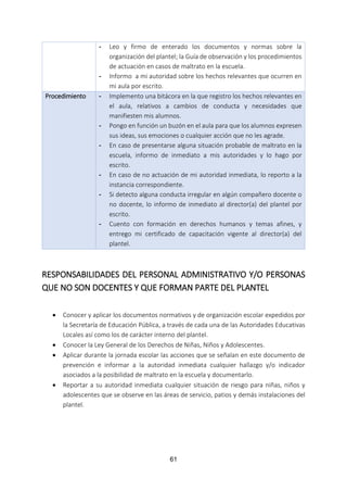 61
- Leo y firmo de enterado los documentos y normas sobre la
organización del plantel; la Guía de observación y los procedimientos
de actuación en casos de maltrato en la escuela.
- Informo a mi autoridad sobre los hechos relevantes que ocurren en
mi aula por escrito.
Procedimiento - Implemento una bitácora en la que registro los hechos relevantes en
el aula, relativos a cambios de conducta y necesidades que
manifiesten mis alumnos.
- Pongo en función un buzón en el aula para que los alumnos expresen
sus ideas, sus emociones o cualquier acción que no les agrade.
- En caso de presentarse alguna situación probable de maltrato en la
escuela, informo de inmediato a mis autoridades y lo hago por
escrito.
- En caso de no actuación de mi autoridad inmediata, lo reporto a la
instancia correspondiente.
- Si detecto alguna conducta irregular en algún compañero docente o
no docente, lo informo de inmediato al director(a) del plantel por
escrito.
- Cuento con formación en derechos humanos y temas afines, y
entrego mi certificado de capacitación vigente al director(a) del
plantel.
RESPONSABILIDADES DEL PERSONAL ADMINISTRATIVO Y/O PERSONAS
QUE NO SON DOCENTES Y QUE FORMAN PARTE DEL PLANTEL
 Conocer y aplicar los documentos normativos y de organización escolar expedidos por
la Secretaría de Educación Pública, a través de cada una de las Autoridades Educativas
Locales así como los de carácter interno del plantel.
 Conocer la Ley General de los Derechos de Niñas, Niños y Adolescentes.
 Aplicar durante la jornada escolar las acciones que se señalan en este documento de
prevención e informar a la autoridad inmediata cualquier hallazgo y/o indicador
asociados a la posibilidad de maltrato en la escuela y documentarlo.
 Reportar a su autoridad inmediata cualquier situación de riesgo para niñas, niños y
adolescentes que se observe en las áreas de servicio, patios y demás instalaciones del
plantel.
 