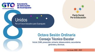 Unidos
Por un Futuro Educativo para Guanajuato
Octava Sesión Ordinaria
Ciclo Escolar: 2022 - 2023
Consejo Técnico Escolar
Inicial, CAM, preescolar, primaria, telesecundaria, secundarias
generales y técnicas.
 
