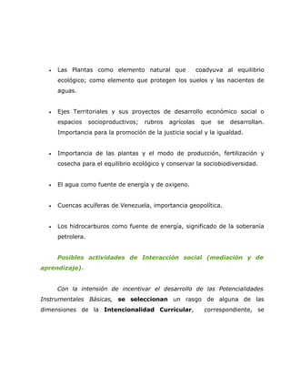 •   Las Plantas como elemento natural que                 coadyuva al equilibrio
      ecológico; como elemento que protegen los suelos y las nacientes de
      aguas.


  •   Ejes Territoriales y sus proyectos de desarrollo económico social o
      espacios     socioproductivos;   rubros   agrícolas    que   se   desarrollan.
      Importancia para la promoción de la justicia social y la igualdad.


  •   Importancia de las plantas y el modo de producción, fertilización y
      cosecha para el equilibrio ecológico y conservar la sociobiodiversidad.


  •   El agua como fuente de energía y de oxigeno.


  •   Cuencas acuíferas de Venezuela, importancia geopolítica.


  •   Los hidrocarburos como fuente de energía, significado de la soberanía
      petrolera.


      Posibles actividades de Interacción social (mediación y de
aprendizaje).


      Con la intensión de incentivar el desarrollo de las Potencialidades
Instrumentales Básicas, se seleccionan un rasgo de alguna de las
dimensiones de la Intencionalidad Curricular,                 correspondiente, se
 