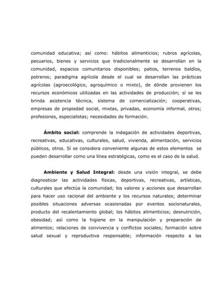 comunidad educativa; así como: hábitos alimenticios; rubros agrícolas,
pecuarios, bienes y servicios que tradicionalmente se desarrollan en la
comunidad, espacios comunitarios disponibles; patios, terrenos baldíos,
potreros; paradigma agrícola desde el cual se desarrollan las prácticas
agrícolas (agroecológico, agroquímico o mixto), de dónde provienen los
recursos económicos utilizadas en las actividades de producción; sí se les
brinda   asistencia    técnica,     sistema     de   comercialización;   cooperativas,
empresas de propiedad social, mixtas, privadas, economía informal, otros;
profesiones, especialistas; necesidades de formación.


     Ámbito social: comprende la indagación de actividades deportivas,
recreativas, educativas, culturales, salud, vivienda, alimentación, servicios
públicos, otros. Sí se considera conveniente algunas de estos elementos se
pueden desarrollar como una línea estratégicas, como es el caso de la salud.


     Ambiente y Salud Integral: desde una visión integral, se debe
diagnosticar   las    actividades    físicas,   deportivas,   recreativas,   artísticas,
culturales que efectúa la comunidad; los valores y acciones que desarrollan
para hacer uso racional del ambiente y los recursos naturales; determinar
posibles situaciones adversas ocasionadas por eventos socionaturales,
producto del recalentamiento global; los hábitos alimenticios; desnutrición,
obesidad; así como la higiene en la manipulación y preparación de
alimentos; relaciones de convivencia y conflictos sociales; formación sobre
salud sexual y reproductiva responsable; información respecto a las
 