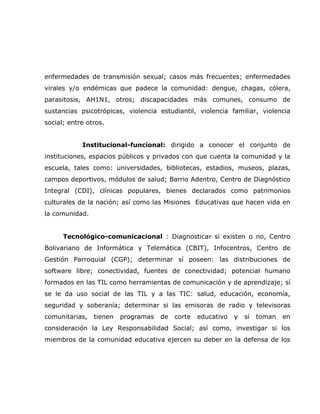 enfermedades de transmisión sexual; casos más frecuentes; enfermedades
virales y/o endémicas que padece la comunidad: dengue, chagas, cólera,
parasitosis, AH1N1, otros; discapacidades más comunes, consumo de
sustancias psicotrópicas, violencia estudiantil, violencia familiar, violencia
social; entre otros.


            Institucional-funcional: dirigido a conocer el conjunto de
instituciones, espacios públicos y privados con que cuenta la comunidad y la
escuela, tales como: universidades, bibliotecas, estadios, museos, plazas,
campos deportivos, módulos de salud; Barrio Adentro, Centro de Diagnóstico
Integral (CDI), clínicas populares, bienes declarados como patrimonios
culturales de la nación; así como las Misiones Educativas que hacen vida en
la comunidad.


      Tecnológico-comunicacional : Diagnosticar sí existen o no, Centro
Bolivariano de Informática y Telemática (CBIT), Infocentros, Centro de
Gestión Parroquial (CGP); determinar sí poseen: las distribuciones de
software libre; conectividad, fuentes de conectividad; potencial humano
formados en las TIL como herramientas de comunicación y de aprendizaje; sí
se le da uso social de las TIL y a las TIC: salud, educación, economía,
seguridad y soberanía; determinar si las emisoras de radio y televisoras
comunitarias,   tienen   programas   de   corte   educativo   y   sí   toman   en
consideración la Ley Responsabilidad Social; así como, investigar si los
miembros de la comunidad educativa ejercen su deber en la defensa de los
 