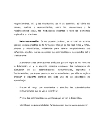 recíprocamente, los         y las estudiantes, los o las docentes; así como los
padres,    madres      y     representantes,     sobre   las     interacciones   y     la
responsabilidad social, las mediaciones docentes y todo los elementos
implicados en el mismo.


       Heteroevaluación: Es un proceso continuo, en el cual los actores
sociales corresponsables de la formación integral de los (as) niños y niñas,
jóvenes    y    adolescentes,    reflexionan   para   valorar    recíprocamente       sus
esfuerzos, aciertos, logros, reconocer las potencialidades, necesidades del y
la estudiante.


       Atendiendo a las orientaciones didácticas para el logro de los Fines de
la Educación, el y la docente necesita establecer los indicadores de
evaluación       de   las     potencialidades:     instrumentales,       específica    y
fundamentales, que aspira promover en los estudiantes; por ello se sugiere
efectuar   el    siguiente   ejercicio   con   cada   una   de    las   actividades   de
aprendizaje:


   •   Precise el rasgo que caracteriza o identifica las potencialidades
       instrumentales que se van a incentivar.


   •   Precise las potencialidades especificas que se van a desarrollar.


   •   Identifique las potencialidades fundamentales que se van a promover.
 