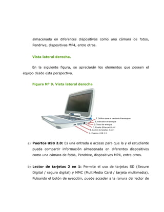 almacenada en diferentes dispositivos como una cámara de fotos,
     Pendrive, dispositivos MP4, entre otros.


     Vista lateral derecha.


     En la siguiente figura, se apreciarán los elementos que poseen el
equipo desde esta perspectiva.


     Figura Nº 9. Vista lateral derecha




  a) Puertos USB 2.0: Es una entrada o acceso para que la y el estudiante

     pueda compartir información almacenada en diferentes dispositivos
     como una cámara de fotos, Pendrive, dispositivos MP4, entre otros.


  b) Lector de tarjetas 2 en 1: Permite el uso de tarjetas SD (Secure
     Digital / seguro digital) y MMC (MultiMedia Card / tarjeta multimedia).
     Pulsando el botón de eyección, puede acceder a la ranura del lector de
 