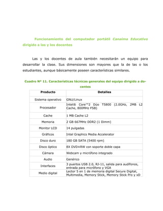 Funcionamiento del computador portátil Canaima Educativo
dirigido a las y los docentes



     Las y los docentes de aula también necesitarán un equipo para
desarrollar la clase. Sus dimensiones son mayores que la de las o los
estudiantes, aunque básicamente poseen características similares.


 Cuadro Nº 11. Características técnicas generales del equipo dirigido a do-
                                      centes
          Producto                              Detalles

       Sistema operativo   GNU/Linux
                           Intel® Core™2 Dúo T5800 (2.0GHz, 2MB L2
          Procesador       Cache, 800MHz FSB)

            Cache          1 MB Cache L2

           Memoria         2 GB 667MHz DDR2 (1 Dimm)

         Monitor LCD       14 pulgadas

           Gráficos        Intel Graphics Media Accelerator

          Disco duro       180 GB SATA (5400 rpm)

         Disco óptico      8X DVD±RW con soporte doble capa

           Cámara          Webcam y micrófono integrado

            Audio          Genérico
                           3 puertos USB 2.0, RJ-11, salida para audífonos,
          Interfaces
                           entrada para micrófono y VGA
                           Lector 5 en 1 de memoria digital Secure Digital,
         Medio digital
                           Multimedia, Memory Stick, Memory Stick Pro y xD
 