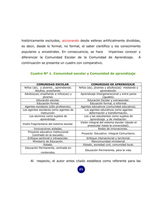 históricamente excluidos, accionando desde esferas artificialmente divididas,
es decir, desde lo formal, no formal, el saber científico y los conocimiento
populares y ancestrales. En consecuencia, se hace                 imperioso conocer y
diferenciar la Comunidad Escolar de la Comunidad de Aprendizaje.                           A
continuación se presenta un cuadro con comparativo.


      Cuadro Nº 1. Comunidad escolar y Comunidad de aprendizaje


           COMUNIDAD ESCOLAR                        COMUNIDAD DE APRENDIZAJE
 Niños (as), y jóvenes , aprendiendo.     Niños (as), jóvenes y adultos(as) mediando y
         Adultos, enseñando                                aprendiendo.
 Adultos(as) enseñando a niños(as) y       Aprendizaje Intergeneracional y entre pares
                jóvenes.                                     (iguales).
           Educación escolar.                    Educación Escolar y extraescolar.
           Educación formal.                       Educación formal, e informal.
 Agentes escolares (sólo profesores).      Agentes educativos (comunidad educativa).
Los agentes escolares como agentes de         Los agentes educativos como agentes
              instrucción                         deformación y transformación.
     Los alumnos como sujetos de              Los y las estudiantes como sujetos de
             aprendizaje.                          aprendizaje y de mediación.
                                           Visión integral del sistema escolar (desde el
Visión fragmentaria del sistema escolar
                                                 preescolar hasta la universidad).
        Innovaciones aisladas.                           Redes de innovaciones.
    Proyecto educativo institucional
                                            Proyecto Educativo integral Comunitario.
       (centrado en la escuela).
    Enfoque sectorial e intraescolar.            Enfoque intersectorial y territorial.
        Ministerio de Educación.                     Mancomunidad ministerial.
                 Estado.                       Estado, sociedad civil, comunidad local.
  Educación Permanente, centrada en
                                                Educación Permanente, para la vida.
              contenidos.


      Al   respecto, el autor antes citado establece como referente para las

                                          21
 