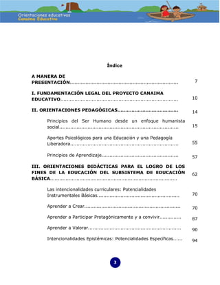 Índice

A MANERA DE
PRESENTACIÓN.....................................................................             7

I. FUNDAMENTACIÓN LEGAL DEL PROYECTO CANAIMA
EDUCATIVO...........................................................................         10

II. ORIENTACIONES PEDAGÓGICAS.......................................                         14

        Principios del Ser Humano desde un enfoque humanista
        social............................................................................   15

        Aportes Psicológicos para una Educación y una Pedagogía
        Liberadora.....................................................................      55

        Principios de Aprendizaje.................................................           57

III. ORIENTACIONES DIDÁCTICAS PARA EL LOGRO DE LOS
FINES DE LA EDUCACIÓN DEL SUBSISTEMA DE EDUCACIÓN                                            62
BÁSICA..................................................................................

        Las intencionalidades curriculares: Potencialidades
        Instrumentales Básicas.....................................................          70

        Aprender a Crear..............................................................       70

        Aprender a Participar Protagónicamente y a convivir..............                    87

        Aprender a Valorar............................................................       90

        Intencionalidades Epistémicas: Potencialidades Específicas......                     94




                                                3
 