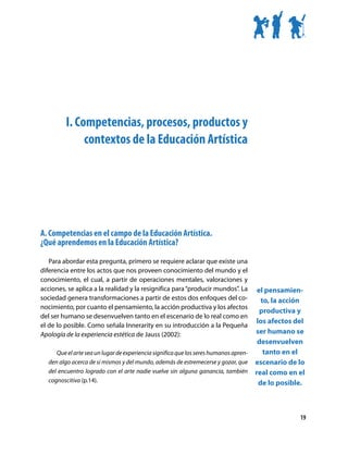 I. Competencias, procesos, productos y
               contextos de la Educación Artística




A. Competencias en el campo de la Educación Artística.
¿Qué aprendemos en la Educación Artística?

   Para abordar esta pregunta, primero se requiere aclarar que existe una
diferencia entre los actos que nos proveen conocimiento del mundo y el
conocimiento, el cual, a partir de operaciones mentales, valoraciones y
acciones, se aplica a la realidad y la resignifica para “producir mundos”. La           el pensamien-
sociedad genera transformaciones a partir de estos dos enfoques del co-                  to, la acción
nocimiento, por cuanto el pensamiento, la acción productiva y los afectos
                                                                                         productiva y
del ser humano se desenvuelven tanto en el escenario de lo real como en
                                                                                       los afectos del
el de lo posible. Como señala Innerarity en su introducción a la Pequeña
Apología de la experiencia estética de Jauss (2002):                                   ser humano se
                                                                                        desenvuelven
      Que el arte sea un lugar de experiencia significa que los seres humanos apren-      tanto en el
   den algo acerca de sí mismos y del mundo, además de estremecerse y gozar, que       escenario de lo
   del encuentro logrado con el arte nadie vuelve sin alguna ganancia, también         real como en el
   cognoscitiva (p.14).                                                                 de lo posible.



                                                                                                    19
 