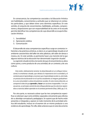 Competencias, procesos, productos y contextos de la educación artística




   En consecuencia, las competencias asociadas a la Educación Artística
son habilidades, conocimientos y actitudes que se relacionan en contex-
tos particulares, y que deben tener unos dominios específicos. En este
sentido, el conjunto de conocimientos, habilidades, actitudes, compren-
siones y disposiciones que son responsabilidad de las artes en la escuela
permite identificar tres competencias de cuyo desarrollo se ocupa la Edu-
cación Artística:

   1.	 Sensibilidad
   2.	 Apreciación estética
   3.	 Comunicación

   El desarrollo de estas competencias específicas surge en contextos in-
herentes a las prácticas artísticas, es decir, es un aprendizaje situado en el
ambiente característico del taller de artes plásticas, del salón de danza o
música, etc. En este sentido, es pertinente hacer una mención de lo que
algunos teóricos de la educación han denominado “cognición situada”.
   La cognición situada remite a la noción de que el conocimiento se ubica
como parte y como producto de una actividad, de un contexto y de una
cultura:

       Esta visión, relativamente reciente, ha desembocado en un enfoque instruc-
   cional, la enseñanza situada, que destaca la importancia de la actividad y el
   contexto para el aprendizaje y reconoce que el aprendizaje escolar es, ante todo,
   un proceso de enculturación en el cual los estudiantes se integran gradualmen-
   te a una comunidad o cultura de prácticas sociales. En esta misma dirección, se
   comparte la idea de que aprender y hacer son acciones inseparables. Y en con-
   secuencia, un principio central de este enfoque plantea que los alumnos (apren-
   dices o novicios) deben aprender en el contexto pertinente (Díaz, 2003, pp. 2-3).

   Por otra parte, es necesario aclarar que las tres competencias especí-
ficas se abstraen aquí como ámbitos separados únicamente para efectos
de su abordaje conceptual y pedagógico. Se supone que de hecho están
presentes e integradas y operan en todo momento de la actividad artís-
tica del estudiante, incluso en el examen de un mismo producto o una
evidencia de aprendizaje. Por ello, debe aclararse que en este documento



                                                                                                                    25
 