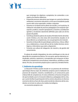 Orientaciones pedagógicas para la educación artística en Básica y Media




                 que contengan los objetivos o propósitos, los contenidos o con-
                 ceptos y los diseños didácticos.
          •	     Emprenda procesos educativos que tengan en cuenta los distintos
                 ambientes y escenarios educativos, en los que el estudiante pueda
                 asumir roles como espectador, creador o expositor.
          •	     Garantice en el diseño de los planes de estudio, y en la práctica, la
                 realización articulada de procesos pedagógicos de recepción (per-
                 cepción y análisis), creación (apropiación y creación) y socialización
                 (gestión y circulación) claramente definidos para cada uno de los
                 grupos de grados.
          •	     Contribuya desde los planes de estudio al fortalecimiento de la Edu-
                 cación Artística y las otras áreas del conocimiento, basados en el
                 desarrollo de sus competencias, con una perspectiva de inclusión.
          •	     Garantice el desarrollo de aprendizajes autónomos, críticos, reflexi-
                 vos y colaborativos, a través del uso de los medios técnicos, tecno-
                 lógicos e informáticos que estén a disposición.
          •	     Fomente una cultura de indagación, de creación y de gestión del
                 conocimiento.

         En planes de estudio integradores, las artes contribuyen en dos vías al
     desarrollo de competencias básicas. Por una parte, aportan elementos ac-
     titudinales, prácticos, expresivos y conceptuales que enriquecen el desa-
     rrollo de las competencias comunicativas, matemáticas, científicas y ciuda-
     danas. Por otra, son escenario propicio para su ejercicio y fortalecimiento.

     C. Ambientes de aprendizaje
        La Educación Artística puede vincular en sus procesos de enseñanza-
     aprendizaje diversos tipos de ambientes propicios para la realización de
     procesos de recepción, creación y socialización y, en consecuencia, para
     el desarrollo de competencias. En estos ambientes se favorece el espectro
     de oportunidades para la innovación didáctica y pedagógica de las artes,
     por cuanto facilitan la participación de los actores educativos en diversos
     escenarios dentro y fuera de clase, potenciando las relaciones de los estu-
     diantes con el arte, la cultura y los medios tecnológicos.
        Los escenarios propicios son:




70
 