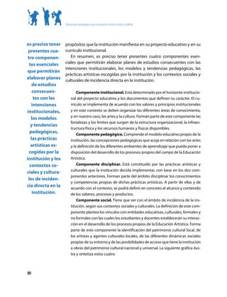 Orientaciones pedagógicas para la educación artística en Básica y Media




es preciso tener    propósitos que la institución manifiesta en su proyecto educativo y en su
 presentes cua-     currículo institucional.
 tro componen-         En resumen, es preciso tener presentes cuatro componentes esen-
  tes esenciales    ciales que permitirán elaborar planes de estudios consecuentes con las
                    intenciones institucionales, los modelos y tendencias pedagógicas, las
 que permitirán
                    prácticas artísticas escogidas por la institución y los contextos sociales y
elaborar planes     culturales de incidencia directa en la institución.
    de estudios
    consecuen-               Componente institucional. Está determinado por el horizonte institucio-
     tes con las         nal del proyecto educativo y los documentos que definen su carácter. El cu-
    intenciones          rrículo se implementa de acuerdo con los valores y principios institucionales
institucionales,         y en este contexto se deben organizar las diferentes áreas de conocimiento,
                         y en nuestro caso, las artes y la cultura. Forman parte de este componente las
   los modelos
                         fortalezas y los límites que surgen de la estructura organizacional, la infraes-
   y tendencias
                         tructura física y los recursos humanos y físicos disponibles.
  pedagógicas,               Componente pedagógico. Comprende el modelo educativo propio de la
   las prácticas         institución, las concepciones pedagógicas que acoja en relación con las artes
   artísticas es-        y la definición de los diferentes ambientes de aprendizaje que pueda poner a
  cogidas por la         disposición del desarrollo de los procesos propios del campo de la Educación
institución y los        Artística.
  contextos so-              Componente disciplinar. Está constituido por las prácticas artísticas y
                         culturales que la institución decida implementar, con base en los dos com-
ciales y cultura-
                         ponentes anteriores. Forman parte del ámbito disciplinar los conocimientos
 les de inciden-
                         y competencias propias de dichas prácticas artísticas. A partir de ellas y de
cia directa en la        acuerdo con el contexto, se podrá definir en concreto el alcance y contenido
    institución.         de los saberes, procesos y productos.
                             Componente social. Tiene que ver con el ámbito de incidencia de la ins-
                         titución, según sus contextos sociales y culturales. La definición de este com-
                         ponente plantea los vínculos con entidades educativas, culturales, formales y
                         no formales con las cuales los estudiantes y docentes establecerán su interac-
                         ción en el desarrollo de los procesos propios de la Educación Artística. Forma
                         parte de este componente la identificación del patrimonio cultural local, de
                         los artistas y agentes culturales locales, de las diferentes dinámicas sociales
                         propias de su entorno y de las posibilidades de acceso que tiene la institución
                         a obras del patrimonio cultural nacional y universal. La siguiente gráfica ilus-
                         tra y sintetiza estos cuatro



80
 
