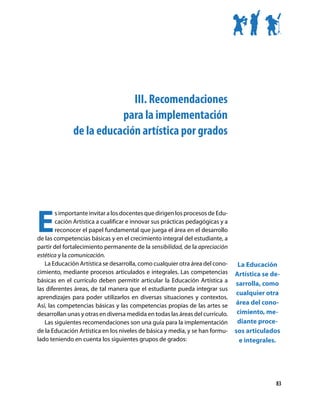 III. Recomendaciones
                         para la implementación
              de la educación artística por grados




E
        s importante invitar a los docentes que dirigen los procesos de Edu-
        cación Artística a cualificar e innovar sus prácticas pedagógicas y a
        reconocer el papel fundamental que juega el área en el desarrollo
de las competencias básicas y en el crecimiento integral del estudiante, a
partir del fortalecimiento permanente de la sensibilidad, de la apreciación
estética y la comunicación.
   La Educación Artística se desarrolla, como cualquier otra área del cono-      La Educación
cimiento, mediante procesos articulados e integrales. Las competencias          Artística se de-
básicas en el currículo deben permitir articular la Educación Artística a
                                                                                sarrolla, como
las diferentes áreas, de tal manera que el estudiante pueda integrar sus
                                                                                cualquier otra
aprendizajes para poder utilizarlos en diversas situaciones y contextos.
Así, las competencias básicas y las competencias propias de las artes se        área del cono-
desarrollan unas y otras en diversa medida en todas las áreas del currículo.     cimiento, me-
   Las siguientes recomendaciones son una guía para la implementación            diante proce-
de la Educación Artística en los niveles de básica y media, y se han formu-     sos articulados
lado teniendo en cuenta los siguientes grupos de grados:                          e integrales.




                                                                                              83
 