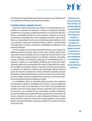 Recomendaciones para la implementación de la educación artística por grados




las evidencias de aprendizaje específicas que aspiran sean realizadas por El primer con-
sus estudiantes al finalizar cada conjunto de grados.                     junto de grados
                                                                                                                 hace énfasis en
A. Grados primero, segundo y tercero                                                                             el desarrollo de
   El primer conjunto de grados hace énfasis en el desarrollo de la sen-
                                                                                                                  la sensibilidad
sibilidad y en procesos de recepción, creación y socialización basados
inicialmente en el juego y progresivamente en la vinculación del estu-                                             y en procesos
diante a actividades propias de varias prácticas artísticas. Se trata de                                           de recepción,
un periodo de sensibilización ante los lenguajes artísticos, a partir de la                                          creación y
lúdica y el aprendizaje intuitivo de nociones generales relativas al arte                                           socialización
y sus técnicas. Luego, esta mediación lúdica se debe ir transformando                                               basados ini-
e incorporando un acervo conceptual y actividades de reflexión en las                                            cialmente en el
prácticas artísticas.
                                                                                                                 juego y progre-
   En estos grados se recomienda desarrollar procesos que integren las
                                                                                                                   sivamente en
diferentes prácticas artísticas (danza, teatro, artes visuales, música y lite-
ratura) de manera articulada con otros campos de conocimiento. En este                                             la vinculación
nivel, el juego y la experimentación con distintos estímulos sensoriales,                                         del estudiante
el color, el sonido, el movimiento, potencian la sensibilidad del niño, su                                         a actividades
expresión creativa y sus capacidades simbólicas, por medio de la repre-                                              propias de
sentación gráfica de su percepción del mundo. El desarrollo de la expre-                                         varias prácticas
sión simbólica se enriquece desde la experiencia estética que le provoca                                             artísticas.
su contacto con diferentes ambientes de aprendizaje. Además, desde el
punto de vista de la comprensión, dichos ambientes específicos del arte
le permiten al niño familiarizarse de manera concreta con nociones relati-
vas a los códigos artísticos e igualmente, con pautas y normas que regu-
lan los comportamientos y el trabajo en el aula.
   La sensibilidad sonora se desarrolla desde el propio ritmo orgánico
del estudiante y desde su posibilidad de escuchar y apreciar diferentes
sonidos que se dan en la naturaleza y en la música. Esta sensibilización
se logra a partir de rondas, juegos rítmicos y gestuales, de la entonación
de canciones y la manipulación de instrumentos sencillos. Finalmente,
son recomendables para el desarrollo de competencias comunicativas, la
lectura y creación de cuentos, los cuales enriquecen la fantasía e imagi-
nación del niño, suscitan la creación de mundos posibles y seres que los
habitan, permiten identificar secuencias, predecir los eventos y las situa-
ciones por venir.



                                                                                                                               85
 
