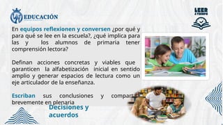 En equipos reflexionen y conversen ¿por qué y
para qué se lee en la escuela?, ¿qué implica para
las y los alumnos de primaria tener
comprensión lectora?
Definan acciones concretas y viables que
garanticen la alfabetización inicial en sentido
amplio y generar espacios de lectura como un
eje articulador de la enseñanza.
Escriban sus conclusiones y compartan
brevemente en plenaria
Decisiones y
acuerdos
 