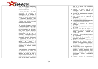 como vía para ampliar el horizonte
cultural e intelectual con el
conocimiento del otro.



Asimismo, los niños y las niñas
reconocerán
y
valorarán
la
cosmovisión de los pueblos y
comunidades, la identidad étnica y
cultural, los valores, las costumbres
y tradiciones ancestrales para
fortalecer la conciencia histórica y
la unidad de la Nación venezolana
multiétnica y pluricultural.







Eje integrador Lenguaje. Fomenta
la formación integral de las y los
estudiantes mediante el desarrollo
de potencialidades que permitan,
como seres sociales, promover
variadas y auténticas experiencias
comunicativas en las que se
expresen y comprendan mensajes
con una comunicación efectiva de
necesidades, intereses, sentimientos
y experiencias en las que se
evidencien el respeto mutuo, la
equidad
de
género,
el
reconocimiento a la diversidad en la
familia, escuela y comunidad,
respetando los distintos códigos
lingüísticos.










Este eje fortalece la formación del
uso apropiado de la lengua, con
énfasis en el idioma materno,
partiendo del hecho de que el
lenguaje está predeterminado por el
contexto histórico, social y cultural,
como vía para ampliar el horizonte



15

leer y a escribir con pertinencia
sociocultural
Elaborar la historia local de la
comunidad desde el ambiente de
aprendizaje
Historiar las manifestaciones culturales
de la localidad.
Leer y escribir sobre los orígenes de la
comunidad.
Producción de textos escrito.
Organizar eventos comunicacionales que
expongan la identidad comunitaria.
Signos y símbolos de nuestros
originarios.
Describir y narrar situaciones cotidianas
de la vida
Tomando como base la partida de
nacimiento, entrevista a familiares y
álbum fotográfico,
elabora mi
autobiografía.
Entrevistar y registrar al maestro pueblo
de la comunidad.
Uso directo de la computadora con
pertinencia sociocultural.
Diseño, elaboración y socialización en
diapositivas de cuentos, mitos y
leyendas, creando sus propias imágenes,
textos a través del recurso tecnológico
¡CANAIMA!
Elaboración y creación de trabalenguas,
crucigramas: paisajes, flora, fauna,
estados y capitales, ambientes, sitios
históricos, personajes importante, entre
otros…
utilizando
la
colección
bicentenaria,
tricolor,
computadora
(Canaima)
Trabajos escritos y exposiciones

 