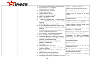 •
•
•
•
•
•
•
•
•

•
•
•
•
•
•
•
•
•
•
•
•
•
•
•

El conuco como unidad productiva familiar sustentable.
Equilibrio ambiental y sustentabilidad.
Sustentabilidad y sostenibilidad
Seguridad y soberanía alimentaria.
El agua y la agroecología
Ahorro y protección del agua.
Capitalismo y privatización del agua
Lucha de los pueblos por el agua
La Guerra por el agua.

El agua como fuente de salud y su relación con las
cuencas hidrográficas y los bosques como unidades
integrales
¿Cómo llega el agua a mi comunidad?
El agua como fuente de salud y su relación con las
cuencas hidrográficas y los bosques como unidades
integrales
La educación ambiental y la conservación de las
cuencas hidrográficas y los bosques.
Enfermedades y patologías asociadas al agua
El agua como bien público no privatizable.
Entender la necesidad y el derecho a un servicio
de agua potable apropiado, accesible, constante,
adecuado, en cantidad suficiente.
Conservación de las cuencas hidrográficas,
bosques y su importancia.
Ley de agua
Manejo agroecológico de los suelos
Control ecológico de insectos, enfermedades y
vegetación espontánea.
Macro y micro fauna-flora y su importancia en el
ambiente
Semilla, elemento estratégico de soberanía
Planeta tierra desde sus múltiples interacciones
Concepto de clima y tiempo meteorológico (lluvia, frío,

19

Observar lo inmediato de su entorno.
Salida al campo, observar elementos naturales.
Realizar actividades en espacios abiertos.
Construir relatos de vivencias en el medio
ambiente.
Construir elementos que generen energía con
material de provecho.
Generar conversatorios de los orígenes de cada
estudiante y asociar con interculturalidad.
Construir relatos de vivencias en espacios rurales
urbanos y fronterizos – socializar.
Motivar conversatorios referentes
ambientales y a la contaminación.

a

temas

Promover que los estudiantes planteen soluciones
a problemas de contaminación ambiental.
Problematizar las palabras sostenibilidad,
responsabilidad, consumo, modelo socialista,
ahorro, consumo.
Realizar dramatizaciones.
Socializar experiencias.
Construir sistemas solares en la clase con
materiales de provecho.
Realizar actividades en ambientes naturales,
observar laminas de paisajes y construir
diferencias con los presenciales.
Observar ecosistemas diferentes en ambientes
naturales.

 
