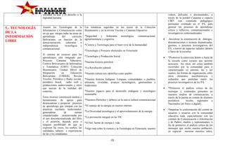 sociedad en paz y el derecho a la
dignidad humana.

5.- TECNOLOGÍA
DE LA
INFORMACIÓN
LIBRE

Asumir las Tecnologías de la
Información y Comunicación como
un eje que integra todas las áreas de
aprendizaje
del
currículo
Bolivariano, en función de la
democratización,
soberanía
e
independencia
tecnológica y
comunicacional.
El sistema de recursos para los
aprendizajes está integrado por:
Proyecto
Canaima
Educativo,
Centros Bolivarianos de Informática
y Telemática (CBIT) Colección
Bicentenario, Unidad Móvil de
Integración
en
Educación
Bolivariana (UMIEB), Revista
Tricolor, Periódico y Radio escolar,
periódico mural,
radio web y
producciones audiovisuales y otros
que nazcan de la realidad del
contexto,
Estos recursos constituyen medios y
herramientas de apoyo para
desencadenar y propiciar procesos
de aprendizaje que rompan con las
practicas escolares tradicionales,
generadoras
de
rutinas
estandarizadas , caracterizadas por
el uso descontextualizado del libro
y el pizarrón, dejando poca o
ninguna posibilidad de que se
expresen las voces, los sueños, las
realidades, saberes y experiencias
de las y los estudiantes.

videos, películas o documentales, a
través de la portátil Canaima o espacio
CBIT con contenido pedagógico
pertinente orientado en el PA, para
generar los procesos de aprendizaje
crítico y reflexivo, comunicacionales e
investigativos contextualizados.

Las temáticas sugeridas en los textos de la Colección
Bicentenario y en la revista Tricolor y Canaima Educativo:
*Seguridad
y
Soberanía
agroalimentaria y cognitiva.

tecnológica,

comunicacional,

•

-Socializar la construcción de diálogos,
dramatizaciones o lecturas dramatizadas,
guiones, o procesos investigativos del
PA, a través de espacios radiales (dentro
o fuera de la escuela).

•

*Promover la entrevista dentro y fuera de
la escuela como recurso que permite
acercarse los otros, así como también
recorridos por la comunidad para ir
caracterizando su entorno, las y los
sujetos, las formas de organización, entre
otros elementos sociohistoricos y
culturales que permitan nutrir los
procesos investigativos de los PA.

•

*Promover el análisis crítico de los
mensajes y contenidos presentes en
nuestros medios de comunicación, a
través de la puesta en común de distintos
periódicos
locales, regionales o
Nacionales (en físico o digital).

•

*Impulsar la conformación del comité de
usuarios y usuarias con la comunidad
educativa toda, especialmente con los
comités de Comunicación e Información
y de Padres, madres y representantes, a
fin de promover el análisis crítico de los
mensajes que recibe nuestra población,
en especial nuestras nuestros niños,

*Ciencia y Tecnología para el buen vivir de la humanidad.
*Tecnología y Procesos electorales en Venezuela
*Tecnología y Producción Social
*Nuestra historia petrolera
*La Revolución cultural
*Nuestra cultura nos identifica como pueblo
*Nuestra historia Indígena: Lenguas, comunidades o pueblos,
artesanía, viviendas, avances tecnológicos, gastronomía y
tradiciones.
*Nuestro espacio para el desarrollo endógeno y tecnológico
sustentable
*Nuestros Derechos y deberes en la nueva cultura comunicacional
*El manejo de la energía en nuestro entorno
*La Diversidad tecnológica y el aprovechamiento de la energía
*La prevención integral en las TIC
*El Sol, fuente de energía y vida
*Algo más sobre la ciencia y la Tecnología en Venezuela: nuestro

25

 