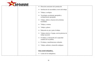 •

Dirección consciente de la producción

•

Satisfacción de necesidades a través del trabajo

•

Trabajo y ecológica

•

Tecnologías socialmente apropiable y
ecológicamente apropiadas

•

Trabajo, saberes y haceres de las distintas
localidades.

•

Trabajo y comuna

•

Trabajo y género.

•

Educación en, por y para el trabajo.

•

Trabajo colectivo. Cayapa, convite prácticas de
trabajo ancestral.

•

El trabajo y el desarrollo de la capacidad
creadora de los pueblos.

•

El trabajo y manifestaciones culturales

•

Trabajo, ambiente y desarrollo endógeno

Clase social trabajadora_
•

Luchas de los trabajadores.

30

 